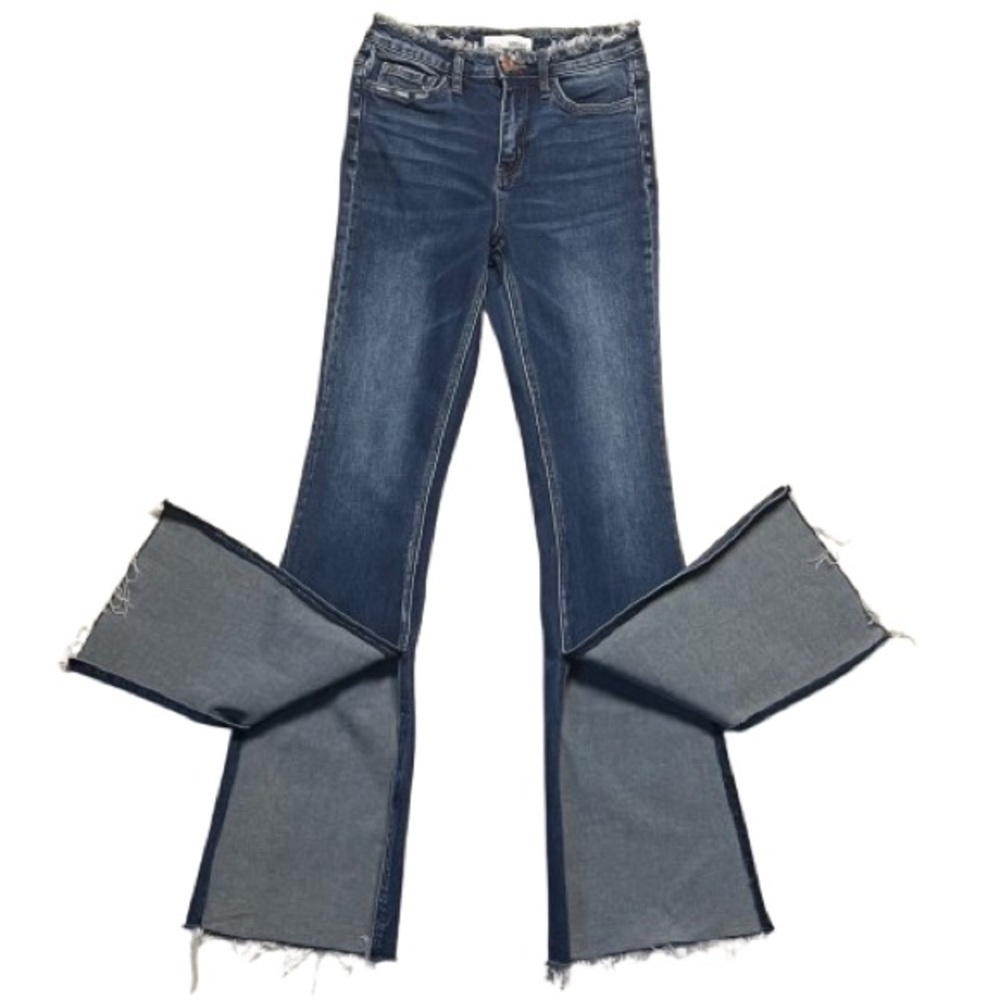 Vervet Blue LA dark denim double slit leg hem raw frayed waist distressed jeans